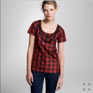 J.Crew Eliza Silk Plaid Beaded Necklace Top